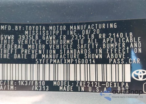 2021 Toyota Corolla Le from USA, damaged, VIN 5YFEPMAEXMP160014